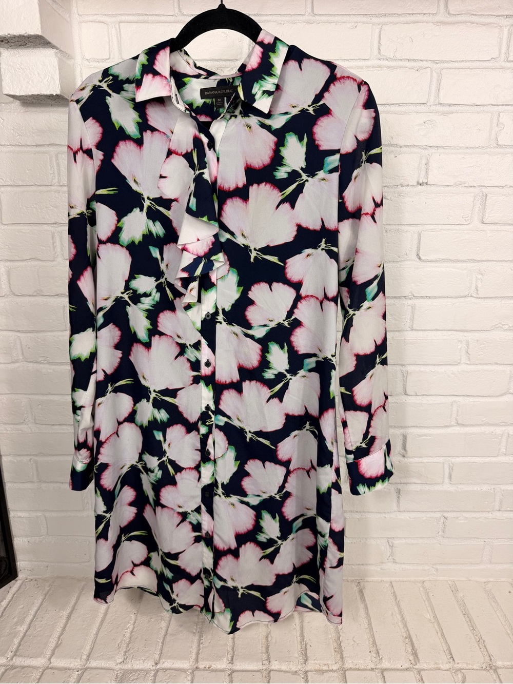 Banana Republic‎ Floral Shirt Dress Medium Navy Pink White Ruffle Tie Neck Midi